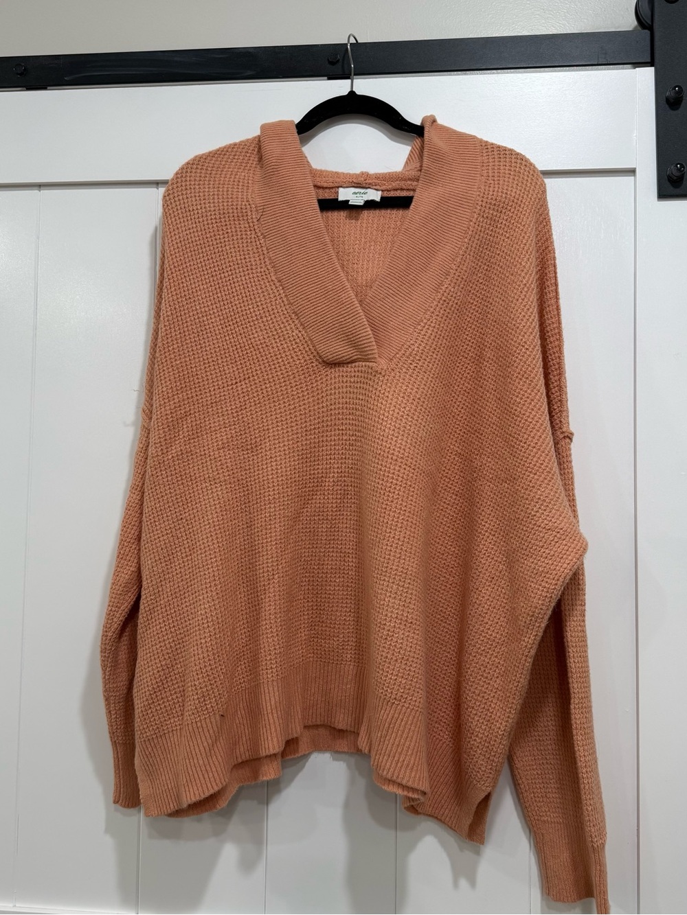 aerie Oversized V-Neck Waffle Knit Sweater with Hood- Dusty Peach